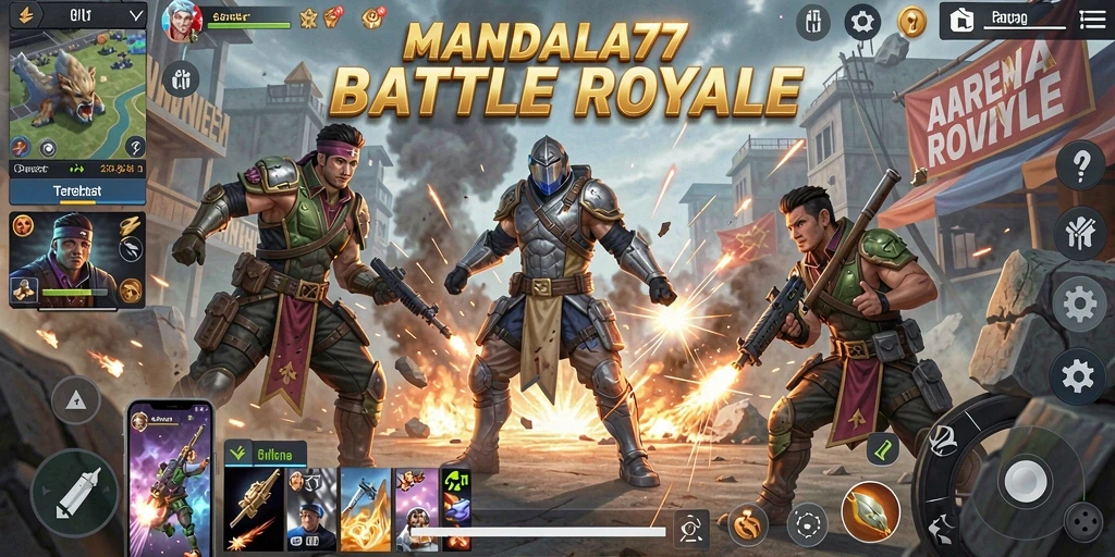 Tangkapan layar utama MANDALA77 menampilkan pertempuran sengit di arena.