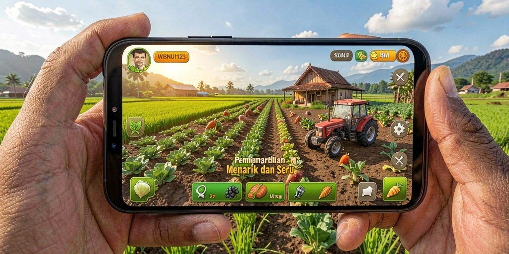 Tampilan gameplay seru WISNU123 dengan berbagai aktivitas pertanian.